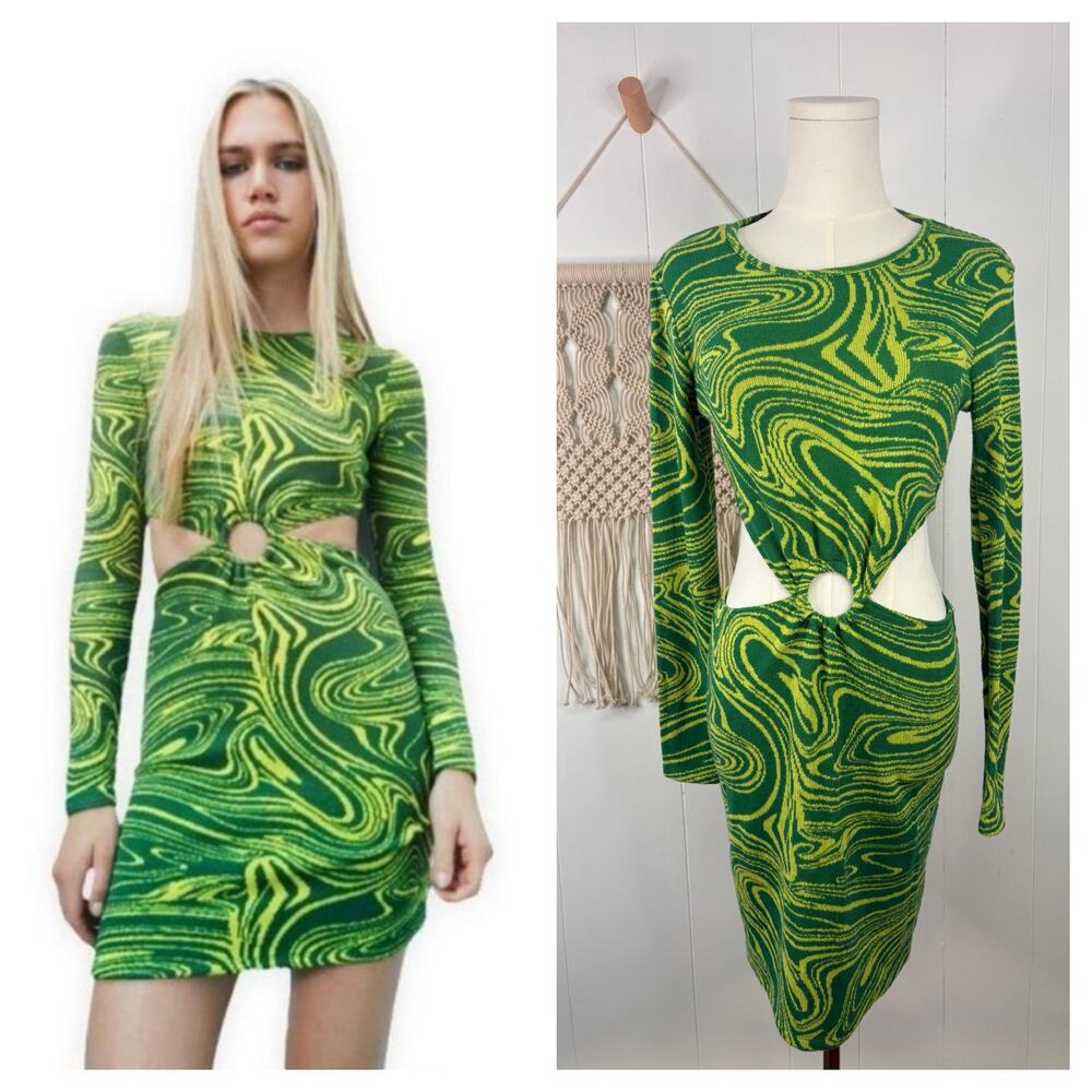 Zara Tie Dye Swirl Cutout Sweater Dress Large Green Hippie Festival